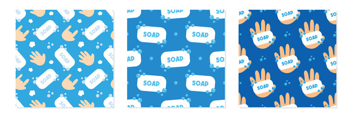 Set, collection of three vector seamless pattern background with people hands and soap bars for hygiene and handwashing design.