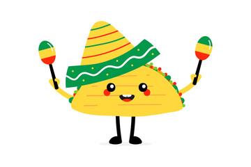 Cute colorful cartoon style taco character in sombrero holding pair of maracas in hands. Cinco de mayo celebration icon, illustration.
