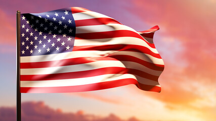 US America flag. American symbol for fourth of July. Elucidation of Day of Independence, Democracy and Patriotism of United States. Flag of United States on pink sunset background. Selective focus