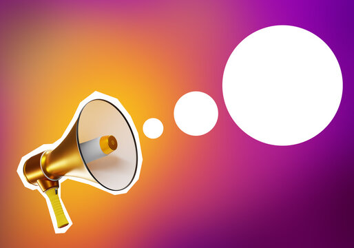Creative poster for advertising. Golden gramophone for advertising discounts. Modern advertising binner design. Dialogue clouds next to gramophone. Copy space for text. Realistic megaphone. 3d image