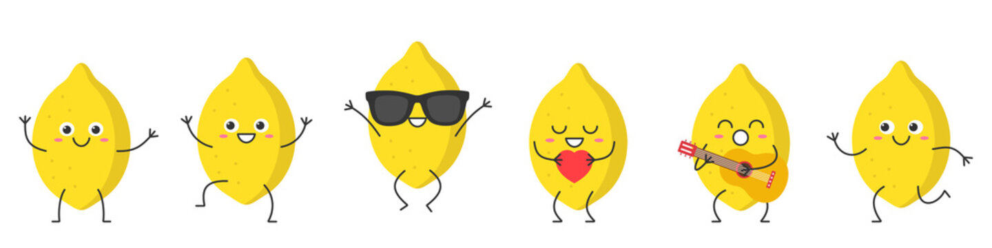 Set lemons character cartoon emotions joy happiness smiling face jumping running icon beautiful vector illustration.