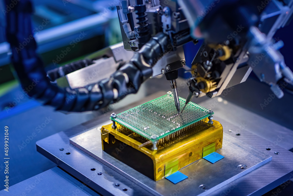 Poster Soldering transistor microcircuit. Creation microprocessor. Microprocessor soldering machine. Microcircuit inside some equipment. Chip cooling system. Concept production of microcircuits for cars
