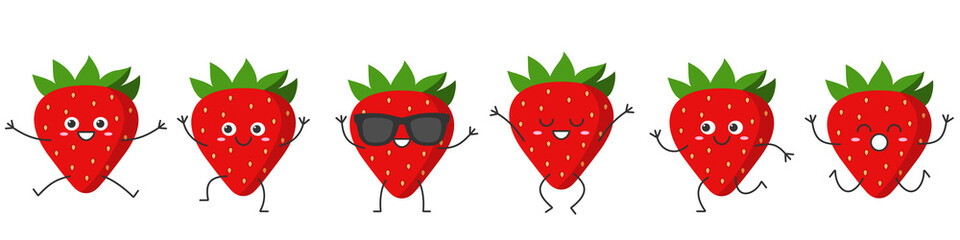 Set strawberry character cartoon emotions joy happiness smiling face jumping running icon beautiful vector illustration.