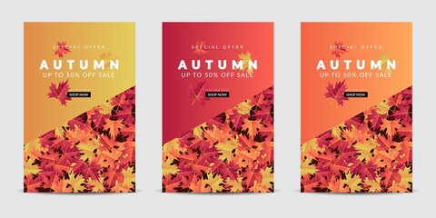 Vector set cover background with colorful leaves. It is suitable for banner, poster, flyer, advertising, etc. Vector illustration