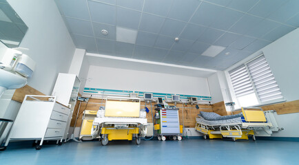 Professional healthcare treatment empty light ward. Nobody modern healthcare emergency ward.