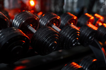 Gym training heavy weights on stacks. Fitness workout row of weights lined up in a gym.