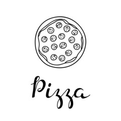 Hand drawn outline pizza with lettering.