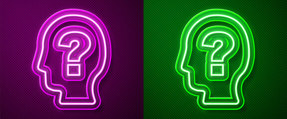 Glowing neon line Human head with question mark icon isolated on purple and green background. Vector