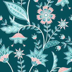 Bloem chintz Indiase patroon naadloze vector. Botanische batik Paisley achtergrond. Jacobean bloemenprintontwerp voor behang, kleding, inpakpapier, decoupage, textiel.