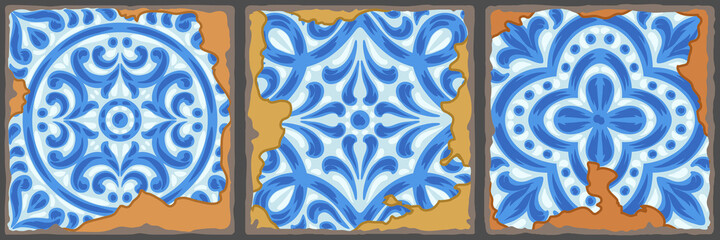 Portuguese azulejo vintage ceramic tile pattern. Old grunge background with chipped enamel tile. Italian pottery or spanish majolica.
