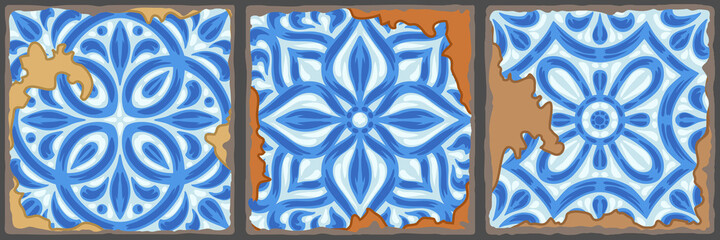 Portuguese azulejo vintage ceramic tile pattern. Old grunge background with chipped enamel tile. Italian pottery or spanish majolica.