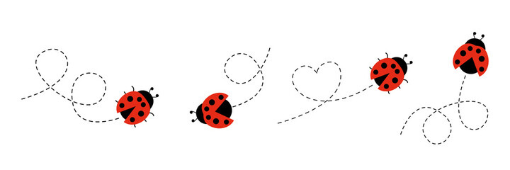 Ladybug flat icon set. Ladybugs flying on dotted route. Cartoon ladybirds with open wings. © Віталій Баріда