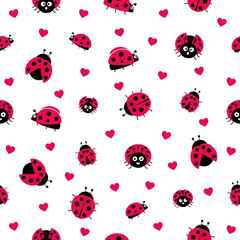 Ladybugs with hearts seamless pattern. Ladybirds insects flying with open wings and big eyes. Vector isolated on white	