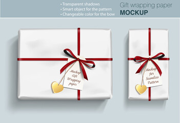 Vector gift paper box mock up with bow on light background with transparent shadows. Wrapping paper  template for your design. 