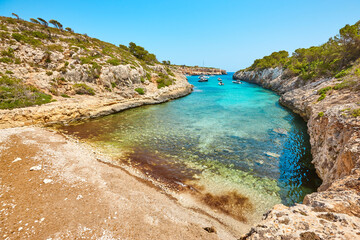 Turquoise waters in Mallorca. Virgili cove. Mediterranean coastline. Balearic