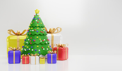 Merry Christmas background with christmas tree and gift box. 3d rendering