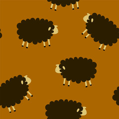 Cute seamless pattern with dark sheep on brown background. Vector cute fabric design in hand-drawn naive style .