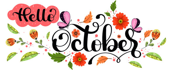 Hello October. OCTOBER month vector with flowers, butterfly and leaves. Decoration floral. Illustration month October	
