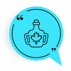 Black line Bottle of maple syrup icon isolated on white background. Blue speech bubble symbol. Vector