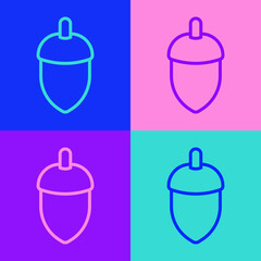 Pop art line Acorn icon isolated on color background. Vector