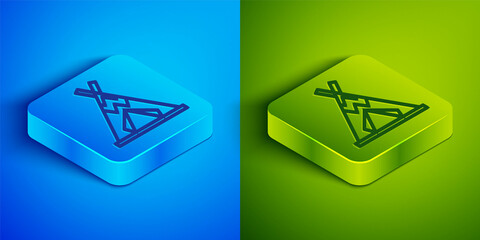 Isometric line Traditional indian teepee or wigwam icon isolated on blue and green background. Indian tent. Square button. Vector © Kostiantyn