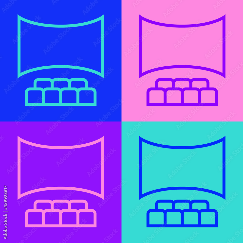 Poster Pop art line Cinema auditorium with screen icon isolated on color background. Vector