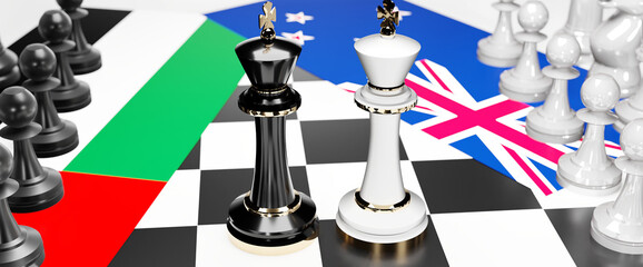 United Arab Emirates and New Zealand conflict, standoff, impasse and debate between those two countries that lead to a trade deal symbolized by a chess game with national flags, 3d illustration