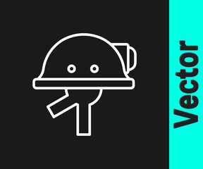 White line Miner helmet icon isolated on black background. Vector