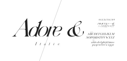 Adore Italic font Set. Lowercase and Uppercase included. Signs and nimerals. Elegant logo and fashion alphabet. Contemporary Art style.
