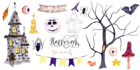 Obraz na płótnie Canvas Set of Halloween watercolor , poster with Castle and tree, purple Mushroom, Bat, paper garland and Ghost. Design with candles and spider. Jacks head.