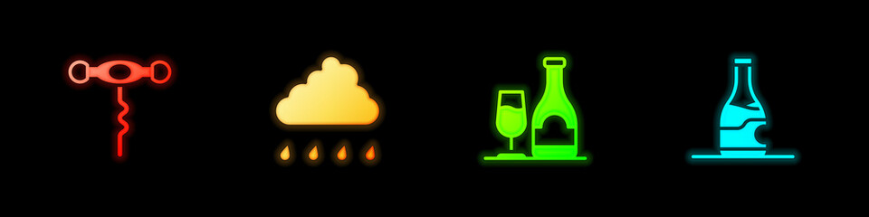 Set Wine corkscrew, Cloud with rain, bottle glass and Bottle of wine icon. Vector