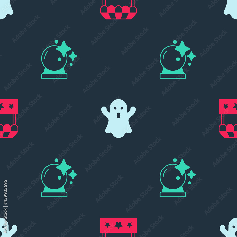 Sticker Set Ticket box office, Ghost and Magic ball on seamless pattern. Vector