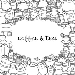 Square background with coffee, tea, cocoa items.