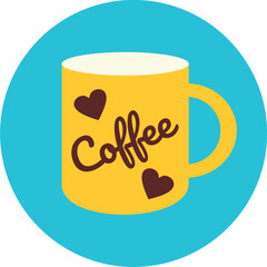 Flat style yellow cup with "coffee" word and hearts on it on blue background