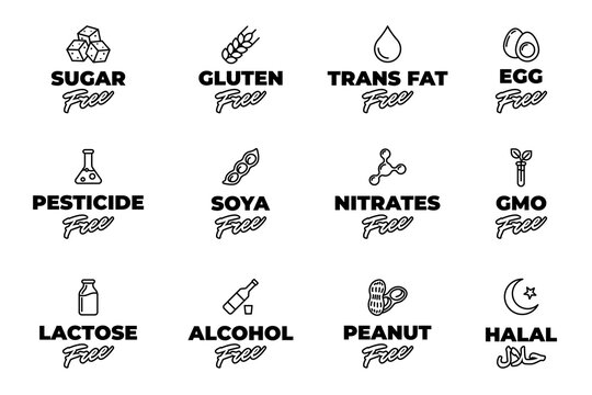 Food and cosmetic labeling badges set. Halal arabic script certificate tag. Healthy and natural product package marking elements. Non dangerous components black vector isolated illustration