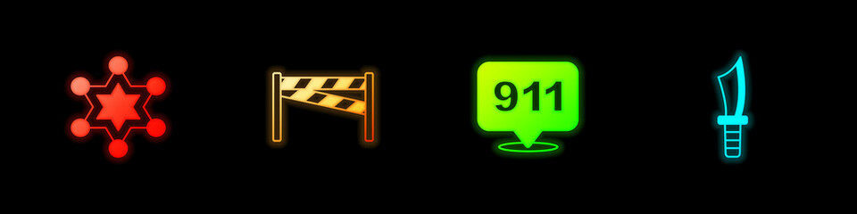 Set Hexagram sheriff, Crime scene, Telephone call 911 and Military knife icon. Vector