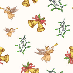 Christmas Hand Drawn Vector Seamless Background Pattern. Angels, Bells with Ribbon and Mistletoe Sketches Card or Cover Template. Holiday Decoration Wallpaper for Wrapping Paper or Textile Print