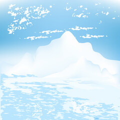 Winter background, snow-capped mountains, white clouds on a gentle blue background - art illustration - vector. New Year. Christmas.