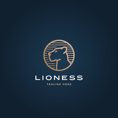 Lioness Face in a Circle Frame Abstract Vector Sign, Symbol or Logo Template. Premium Gold Color Heraldry Female Lion Head Crest. Dark Blue Noble Background. Isolated - obrazy, fototapety, plakaty