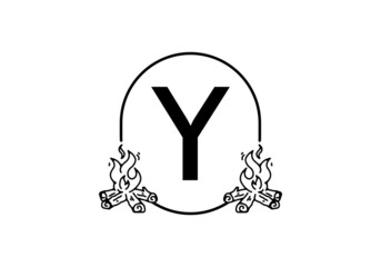 Black line art of bonfire with Y initial letter