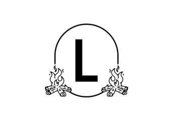 Black line art of bonfire with L initial letter