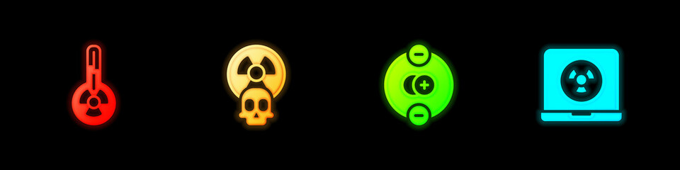 Set Meteorology thermometer, Radioactive, Atom and Nuclear laptop icon. Vector