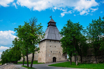 Historical and architectural center of the 12th century in the old city of Pskov, Russia. Medieval fortress and temple complex. Travel summer tourism holiday vacation.