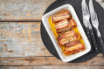 pork ribs or beef fried grill B-B-Q fatty food spices spicy marinade fresh portion ready to eat meal snack on the table copy space food background rustic. top view