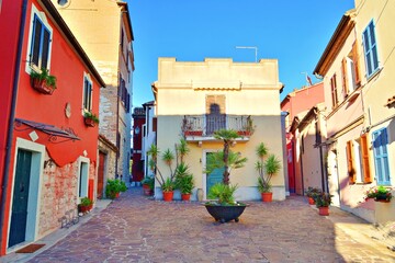 view of the historic center of Numana, a village located in Ancona on the Conero Riviera in the...