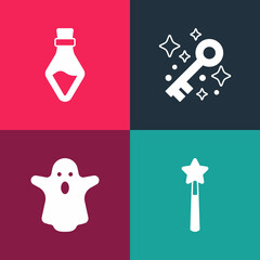Set pop art Magic wand, Ghost, Old magic key and Bottle with potion icon. Vector