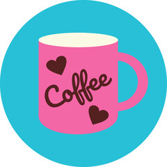 Flat style pink cup with "coffee" word and hearts on it on blue background