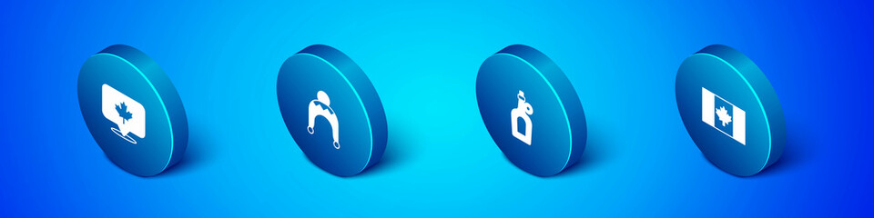 Set Isometric Canadian maple leaf, Bottle of syrup, Flag Canada and Winter hat icon. Vector