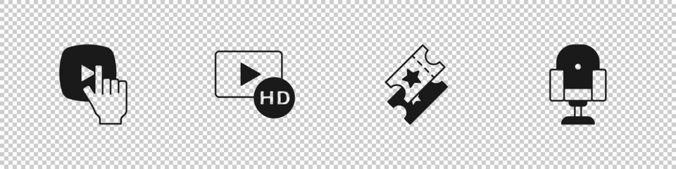 Set Online play video, Hd movie, tape, frame, Cinema ticket and Director chair icon. Vector