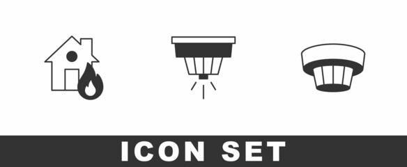 Set Fire in burning house, Smoke alarm system and icon. Vector